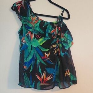 a.n.a Black and Green Asymmetrical Ruffled Blouse